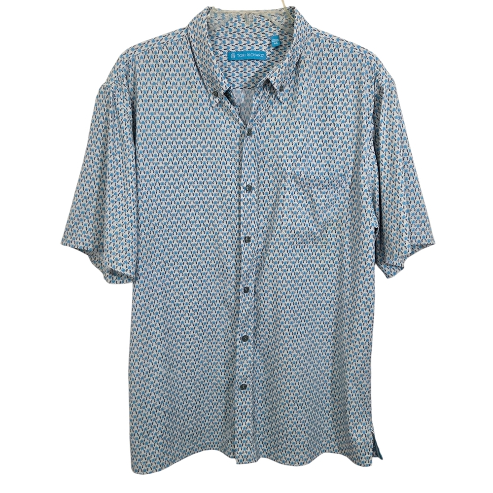 Tori Richard Button Down Golf Short Sleeve Shirt Blue Pineapple Print Medium